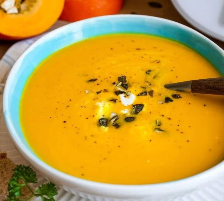 Köstliche Kürbissuppe im Herbst mit frischen Zutaten