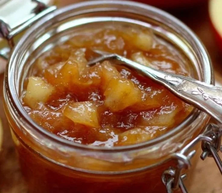 Gläser mit selbstgemachter Bratapfel-Marmelade auf einem Tisch
