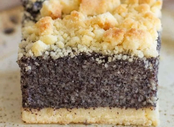 Saftiger Mohnkuchen nach Oma's Rezept auf einem Teller, frisch gebacken.