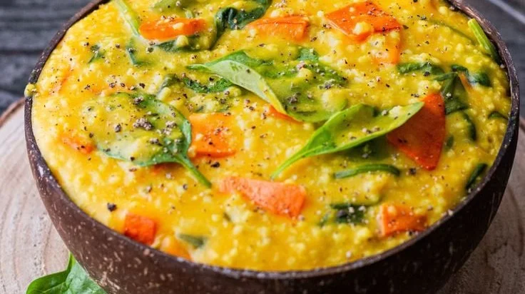 One Pot Hirse mit Kürbis und Spinat in einer bunten Schüssel serviert.