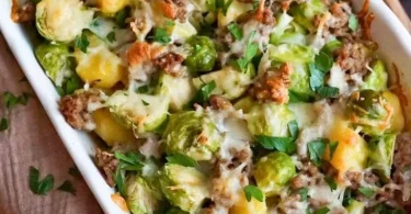Rosenkohl Auflauf mit Kartoffeln und Hackfleisch in einer Auflaufform