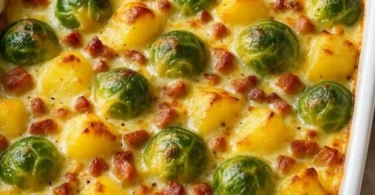 Rosenkohlauflauf mit Kartoffeln und Speck auf einem Teller serviert