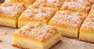 Saftig und einfacher Blechkuchen mit Pudding und Streuseln auf einem Blech serviert