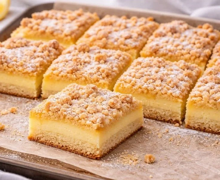 Saftig und einfacher Blechkuchen mit Pudding und Streuseln auf einem Blech serviert