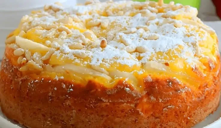 Schweizer Apfelkuchen mit Pudding gebacken und dekoriert.