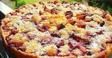 Leckere Zwetschgenkuchen mit Zimtstreuseln auf einem Teller
